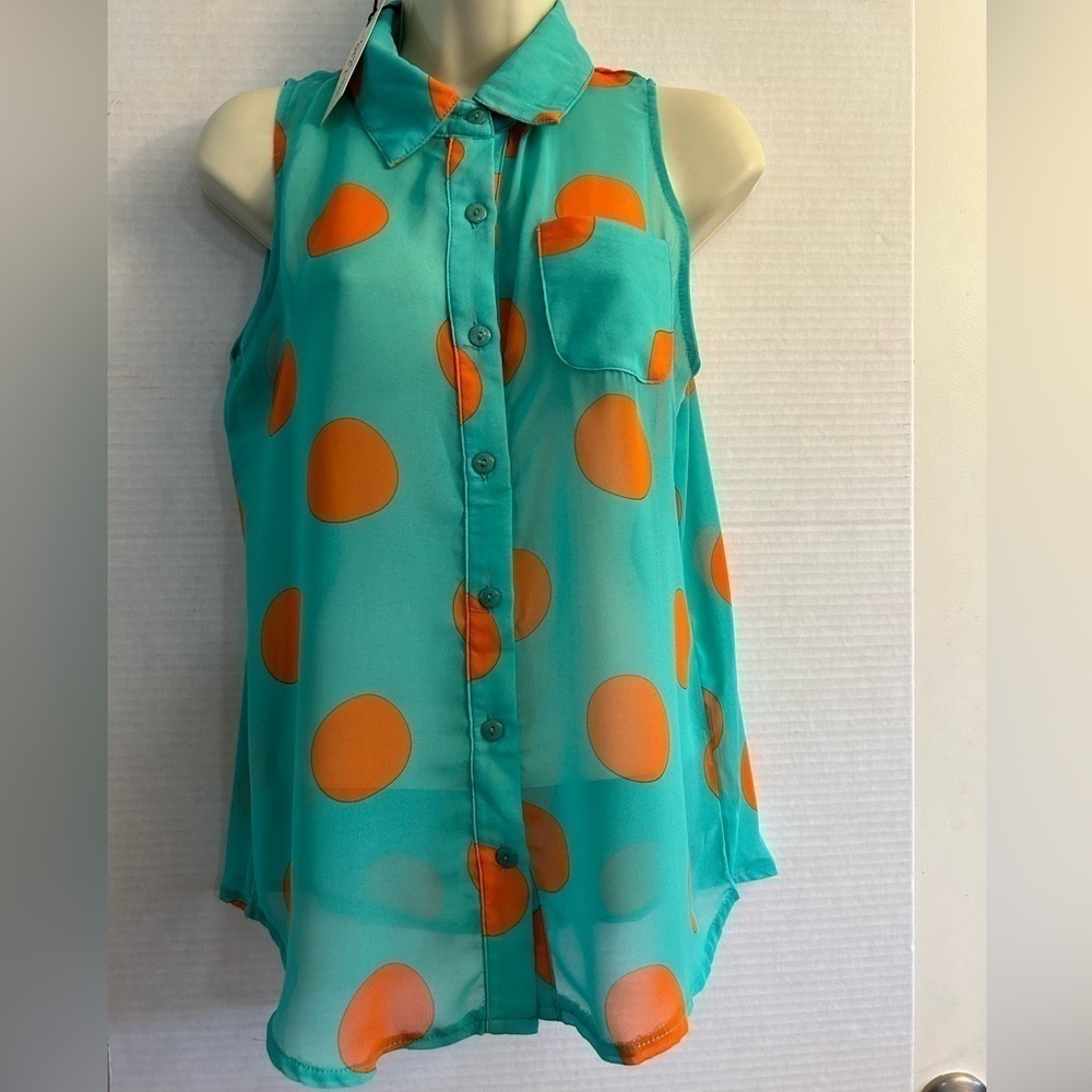 Gypsy Junkies‎ sheer sleeveless dot blouse in turquoise & orange Sz- M/L. NWT P9